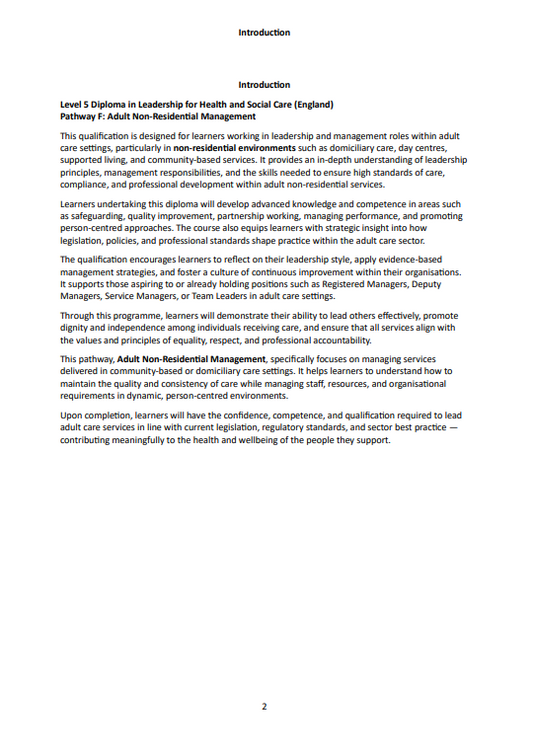 Level 5 Diploma in Leadership for Health and Social Care (England) Pathway F: Adult Non-Residential Management