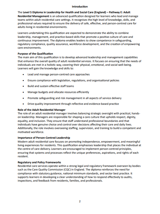 Completing Your Level 5 Diploma in Leadership for Health and Social Care (Pathway E: Adult Residential Management)