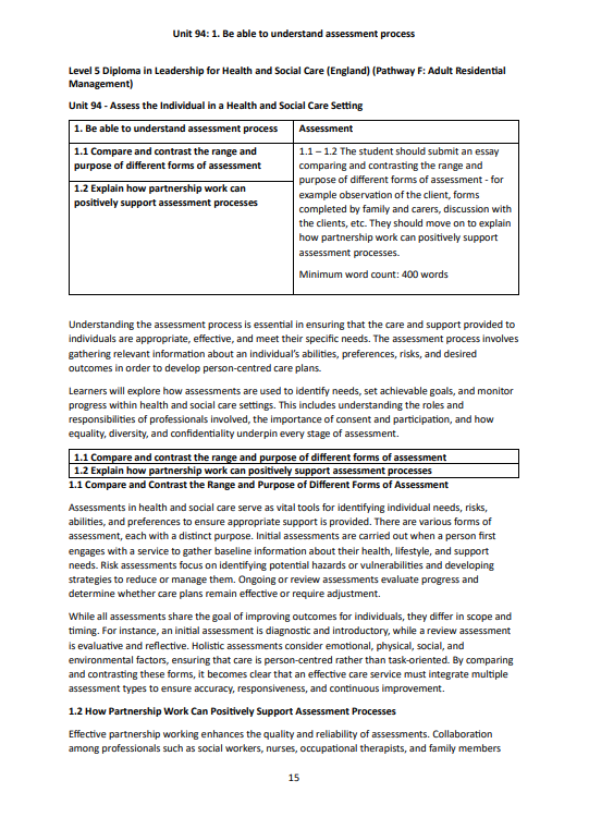Level 5 Diploma in Leadership for Health and Social Care (England) Pathway F: Adult Non-Residential Management