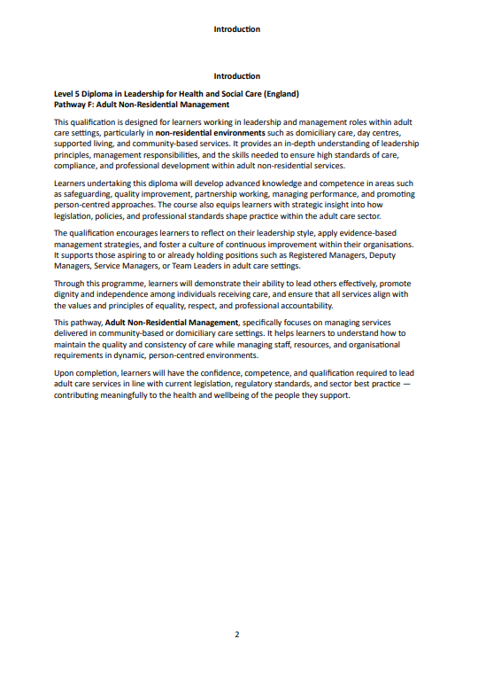 Level 5 Diploma in Leadership for Health and Social Care (England) Pathway F: Adult Non-Residential Management