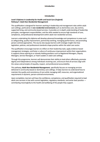 Level 5 Diploma in Leadership for Health and Social Care (England) Pathway F: Adult Non-Residential Management
